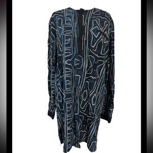 LucMatton Tunic Dress Blue Black Geometric Print Long Sleeve Tunic XL